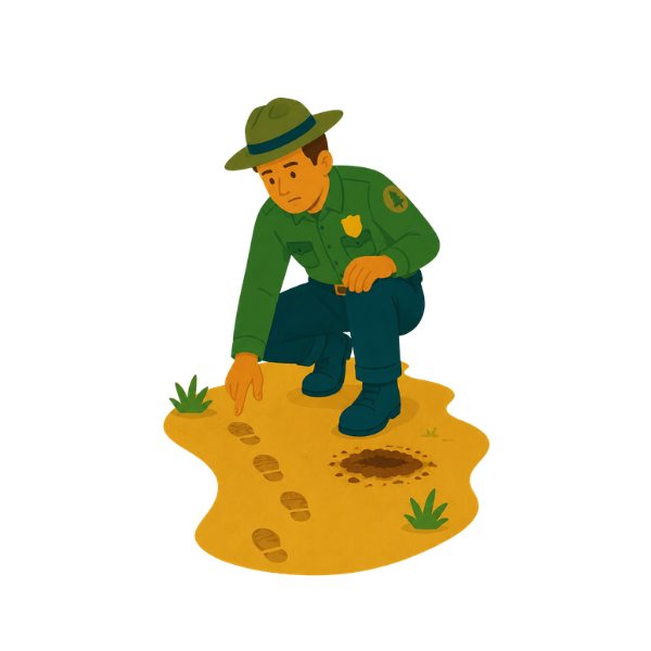 Park ranger examining footprints, representing the detection of exposed business credentials